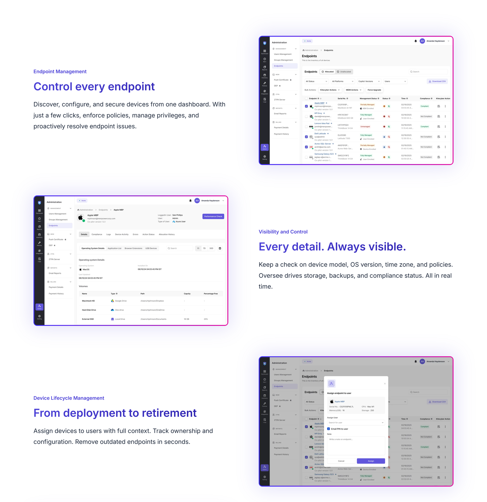 KiteCyber endpoint management feature layout