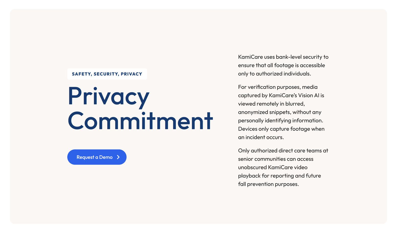 KamiCare privacy and security information layout